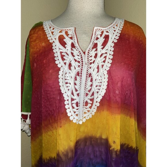 CYN Rainbow Kimono Cover Up Tunic Dress Artsy Boho Tassels Lace ONE SIZE - Picture 2 of 9
